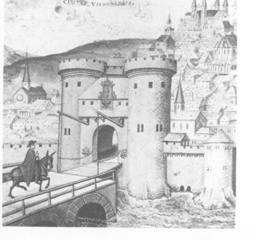 Verdun évêché rattaché au royaume de France dés le régne d' Henri II (aquarelle anonymereprésentant une entrée de la ville Photo Bibl Nat) du dictionnaire d' Histoire de France de  Perrin  Alain Decaux et André Castelot Librairie Académique Pérrin  P 591
